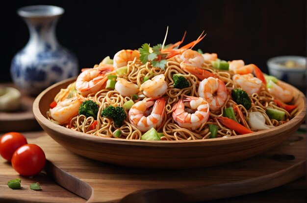 Spicy shrimp ramen is displayed on the wooden tray