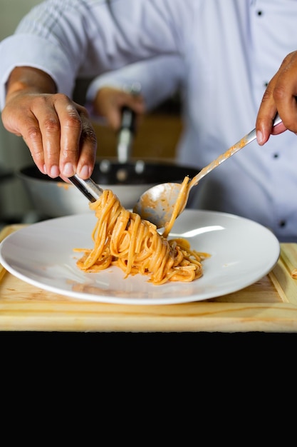 Spicy spaghetti prawns closeup