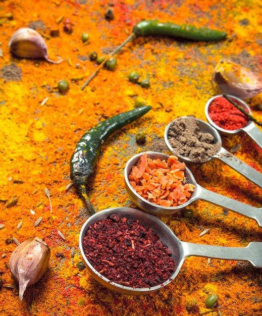 Spicy spices in bowls with measuring spoons. Top view