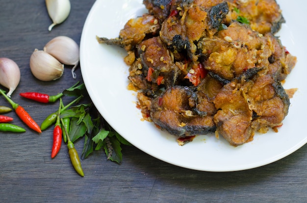 Spicy Stir Fried catfish on dish