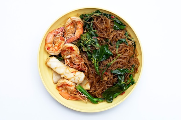 Spicy stir fried vermicelli with holy basil leaves and sea food