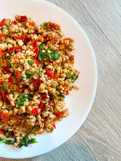 Spicy stirfried pork and basil leave thai food