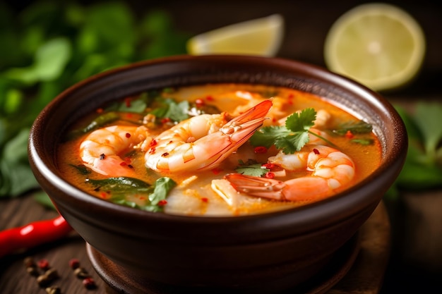 Spicy and tangy tom yum soup with shrimp and lemongrass Generative AI