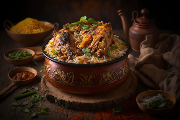 Spicy and tasty chicken biryani on wooden background