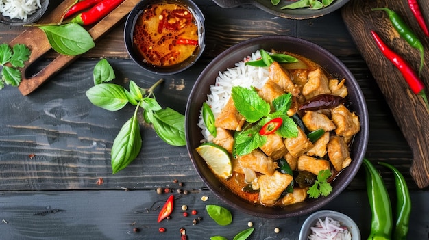 spicy thai curry with pork meat serving with rice and decorating with herbal vegetable ingredients like chili and eggplant on rustic background Thai food