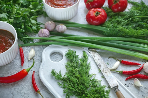 Spicy tomato sauce with herbs, Ketchup, Cooking, Gray background