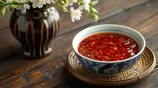 Spicy Traditional Chili Sauce in Blue and White Porcelain Bowl