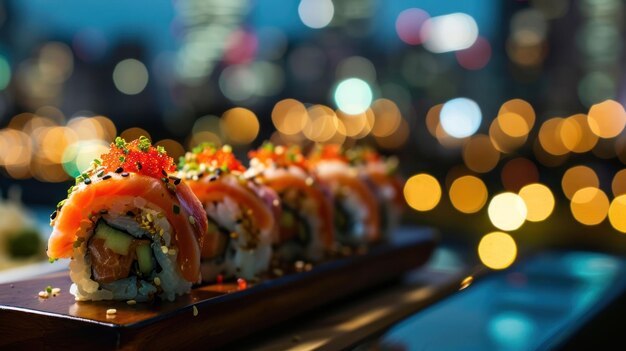 Photo spicy tuna roll against a bustling cityscape