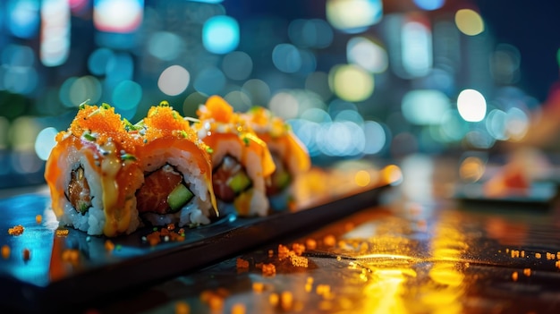 Photo spicy tuna roll against a bustling cityscape