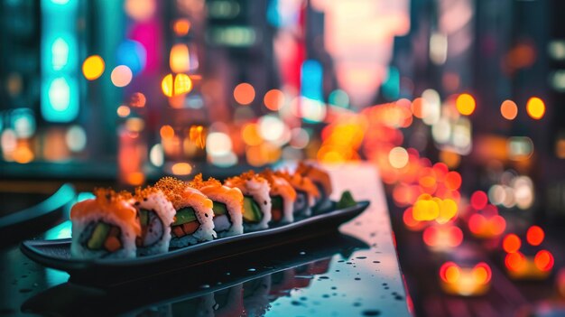 Photo spicy tuna roll against a bustling cityscape