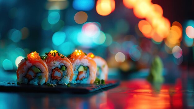 Spicy Tuna Roll against a bustling cityscape