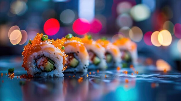 Spicy Tuna Roll against a bustling cityscape