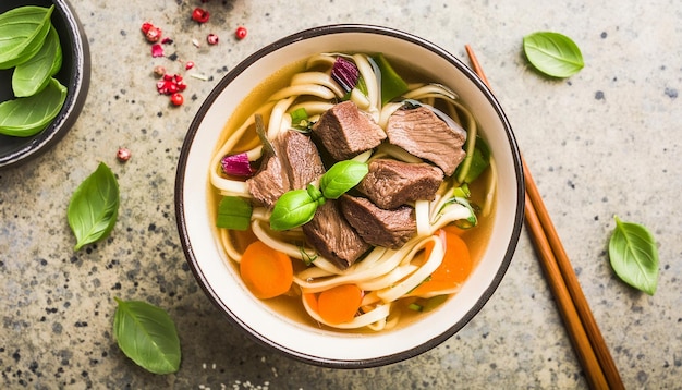 spicy udon noodles soup with beef and vegetables delicious dish tasty food culinary concept