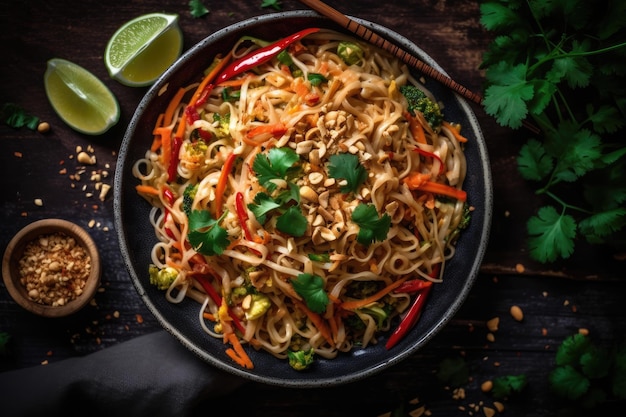 Spicy Vegetarian Pad Thai Vegetarian Top View Generative AI