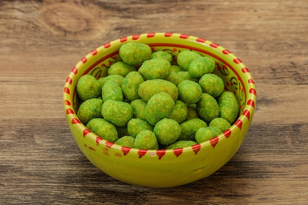 Spicy wasabi peanuts in the bowl