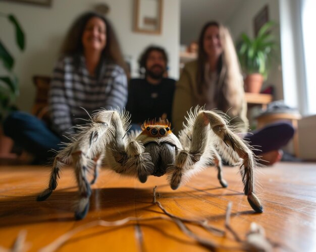 Photo spider crawls on table two women in background generative ai