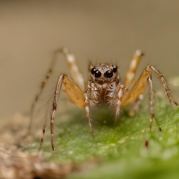 Photo a spider on a green plant with a black and brown background