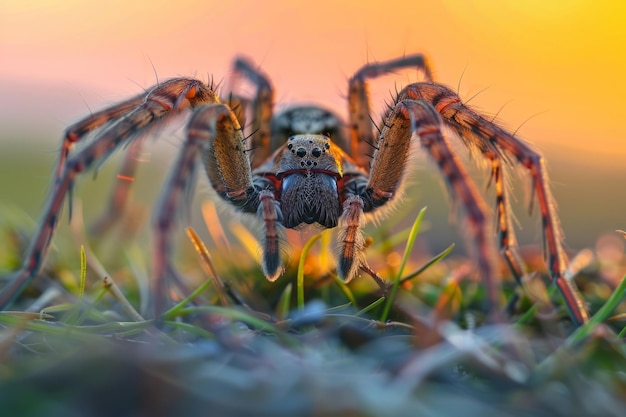 Foto un ragno è seduto sull'erba al tramonto