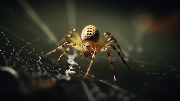 A spider is on a web in the dark.