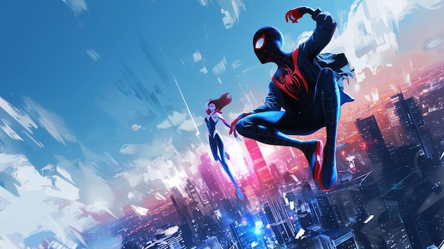 spider man leaps over a city in a futuristic city generative ai