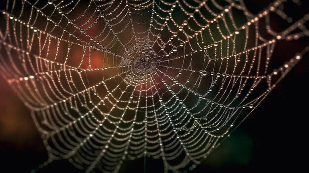 A spider's web is covered in dew drops.