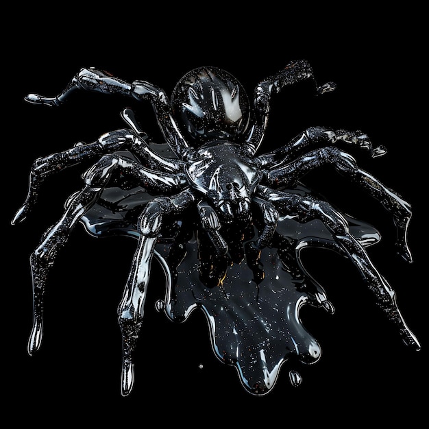 Spider Shaped in Rippling Tar Black Opaque Liquid With Silve Background Art Y2K Glowing Concept