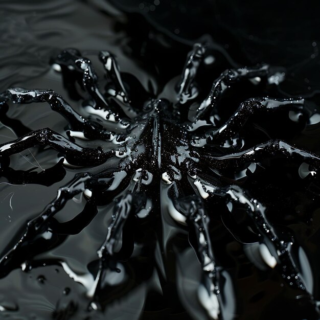 Паук в форме рябчатой смолы Черная непрозрачная жидкость с серебряным фоном Искусство Y2K светящаяся концепция