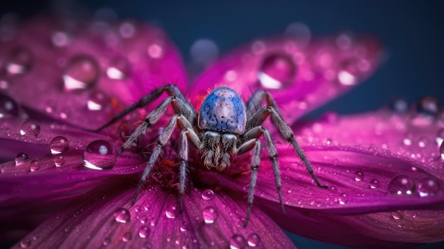 A spider sits on a flower with raindrops on it.