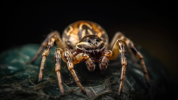 A spider sits on a leaf in the dark.