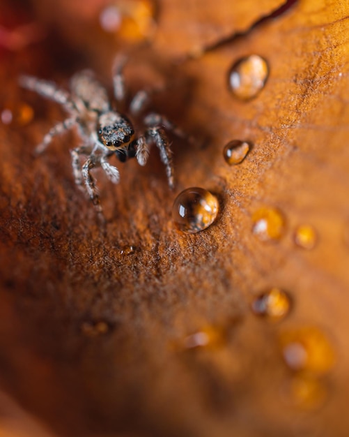 A spider sits on a leaf with water drops on it.