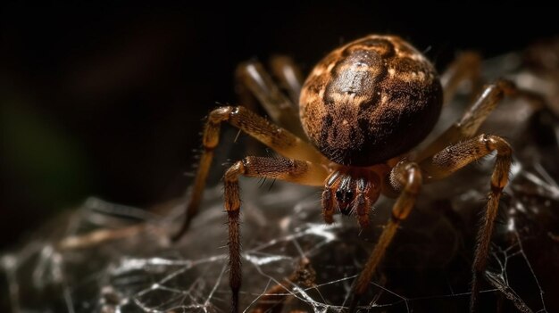 A spider sits on a web in the dark.