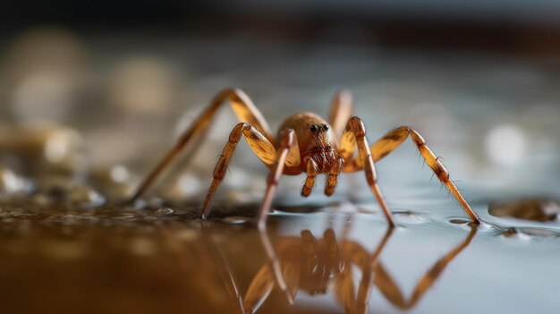 A spider sits on a wet surface in the dark.