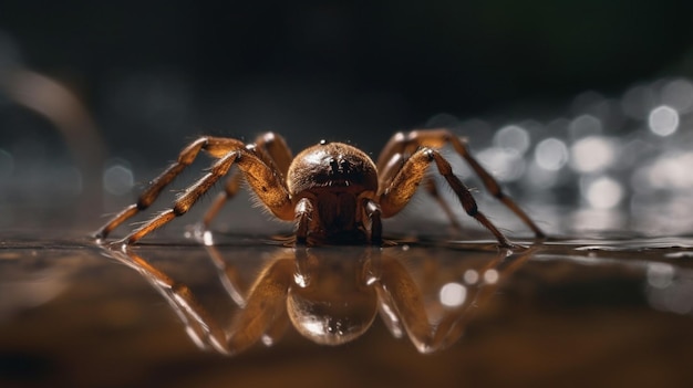 A spider sits on a wet surface in front of a dark background.