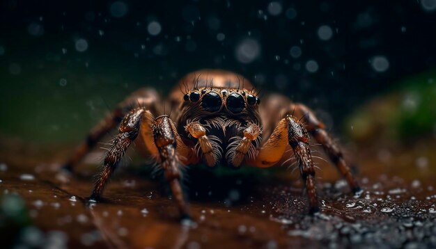 A spider sits on a wet surface in the rain.