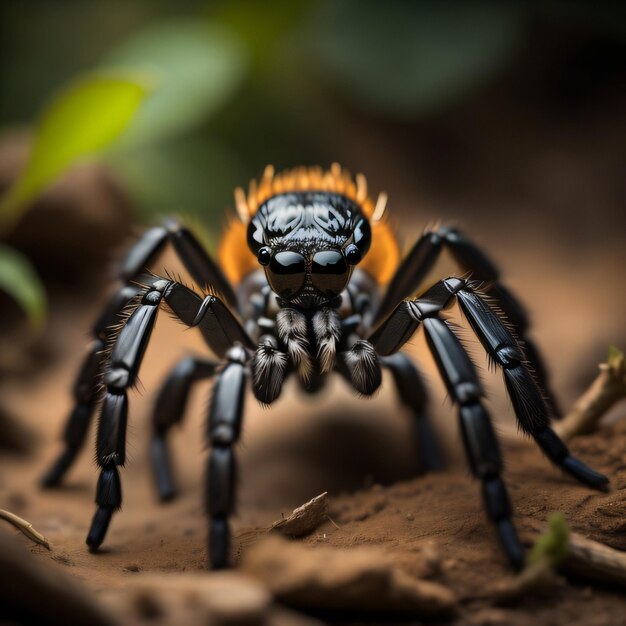 A spider that is outside with his head turned to the side