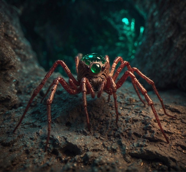 a spider that is on a rock with a green bead on it