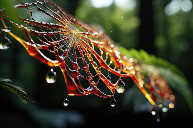 Spider weaving gleaming web on the moving morning generative IA