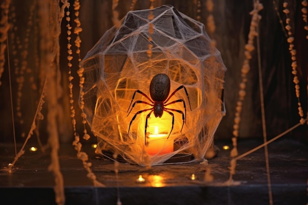 Spider weaving its web under the dim glow of a lantern created with generative ai