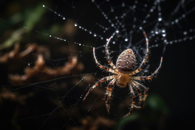 Spider weaving web in the twilight with glowing eyes generative IA