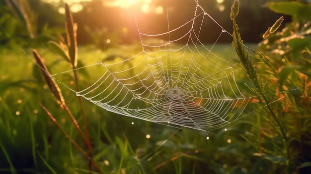 A spider web in a field with the sun shining on it.