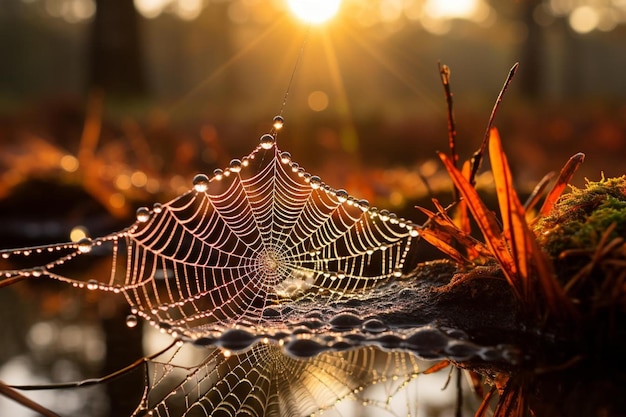 spider web on a glass table with the sun behind it