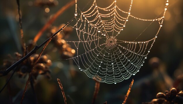 Spider web glistens with dew in autumn forest generated by AI