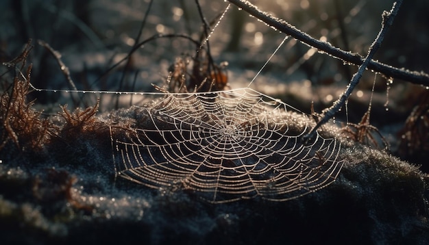 Фото Паутина блестит от росы в осеннем лесу, созданная искусственным интеллектом