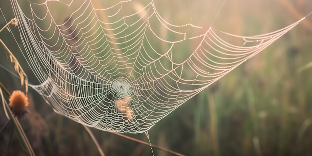 Spider web in the grass with the sun shining on it