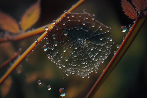 A spider web hangs from a leaf with water drops on it.