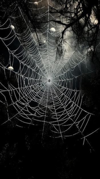 Фото spider web in the dark forest at night halloween concept