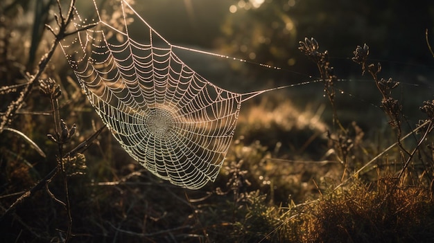 A spider web is covered in dew and has a golden glow.