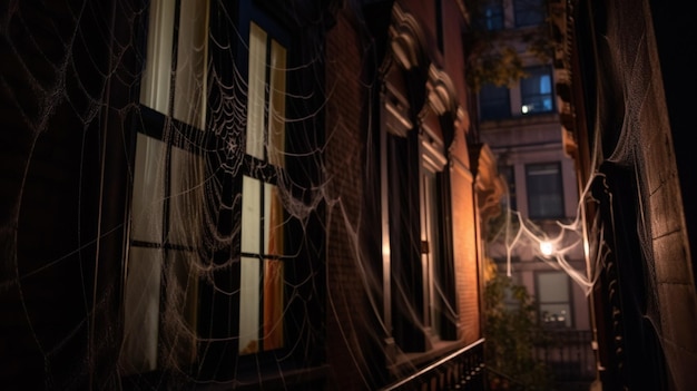 A spider web is in front of a brick building.