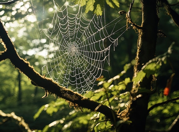 a spider web is hanging on a tree in the style of polished metamorphosis