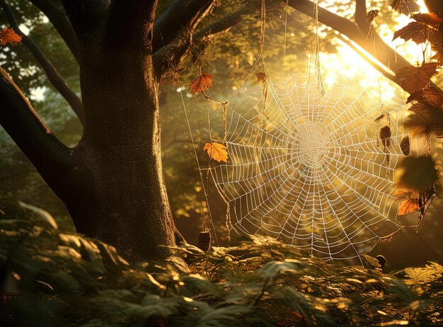 a spider web in the leaf of a tree in the style of photorealistic landscapes